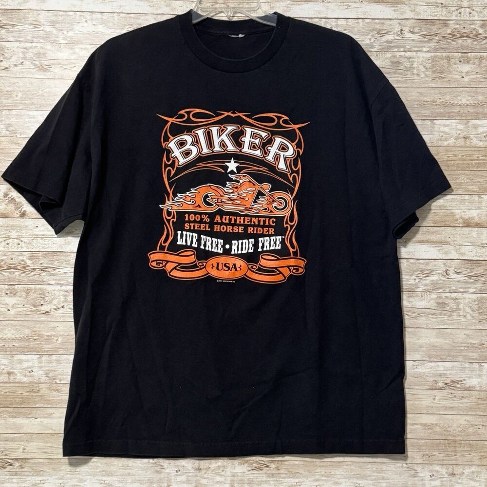 Vintage The Biker Boutique Neosho, MO Biker Shirt 2007 XL Black Steel Horse